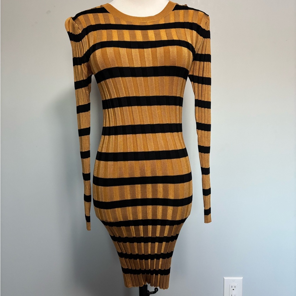 Zara Black and Gold Striped Long Sleeve Bodycon Mini Dress